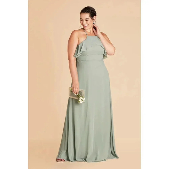 NEW Birdy Grey Jules Chiffon Bridesmaid Maxi Dress Ruffle Halter Neck Sage XL - Picture 2 of 10